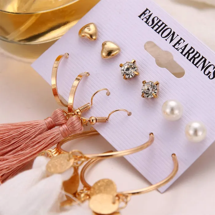 Yellow Chimes 6 and 9 Pairs Assorted Multiple Stud Earrings Big Hoop Tassel Drop Pearl Earrings for Women and Girls Pearl Stud Tassel Yellow Chimes Rings