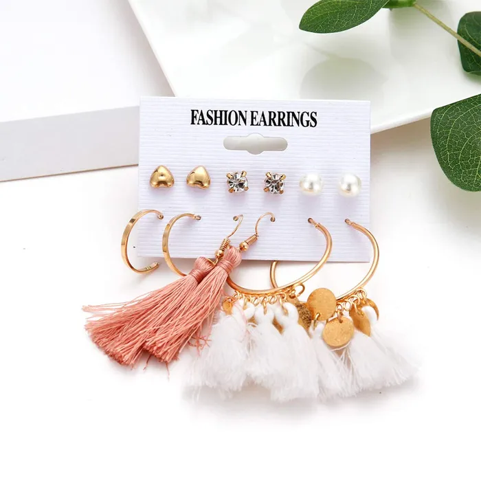 Yellow Chimes 6 and 9 Pairs Assorted Multiple Stud Earrings Big Hoop Tassel Drop Pearl Earrings for Women and Girls Pearl Stud Tassel Yellow Chimes Rings