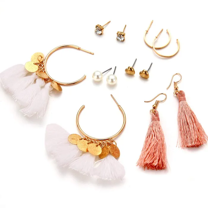 Yellow Chimes 6 and 9 Pairs Assorted Multiple Stud Earrings Big Hoop Tassel Drop Pearl Earrings for Women and Girls Pearl Stud Tassel Yellow Chimes Rings