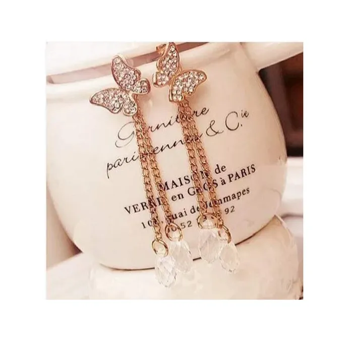 Yellow Chimes A Grade Crystal Needle Long Hanging Butterflys Gold Plated Dangler Earrings for Women and Girls Long Tassel Crystal Butterfly Yellow Chimes Rings