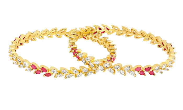 Yellow Chimes A5 Grade AD Crystal 18k Gold Plated Sparkling Designer Leaf 2 Pc Traditional Bangles Set for Women 28 Yellow Chimes Earrings