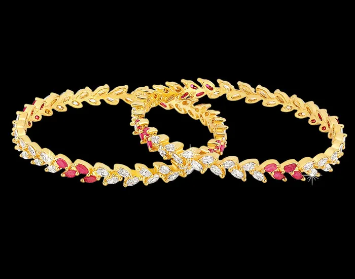 Yellow Chimes A5 Grade AD Crystal 18k Gold Plated Sparkling Designer Leaf 2 Pc Traditional Bangles Set for Women 28 Yellow Chimes Earrings