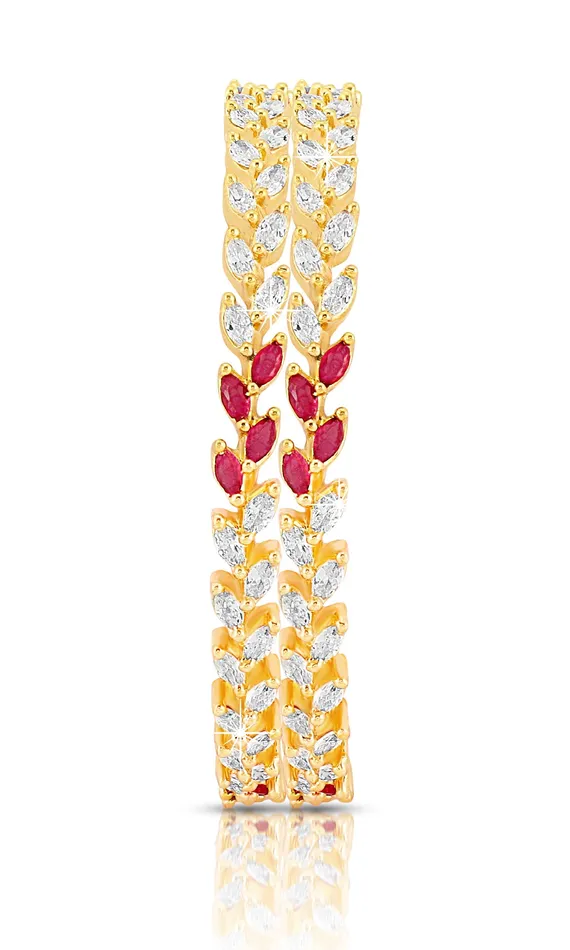 Yellow Chimes A5 Grade AD Crystal 18k Gold Plated Sparkling Designer Leaf 2 Pc Traditional Bangles Set for Women 28 Yellow Chimes Earrings