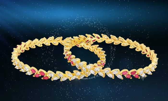 Yellow Chimes A5 Grade AD Crystal 18k Gold Plated Sparkling Designer Leaf 2 Pc Traditional Bangles Set for Women 28 Yellow Chimes Earrings
