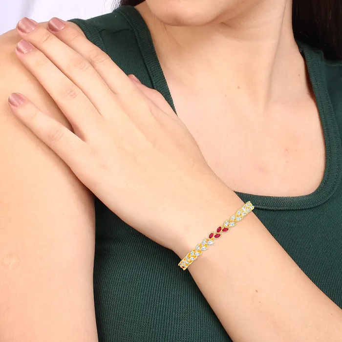Yellow Chimes A5 Grade AD Crystal 18k Gold Plated Sparkling Designer Leaf 2 Pc Traditional Bangles Set for Women 28 Yellow Chimes Earrings