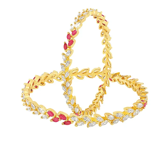 Yellow Chimes A5 Grade AD Crystal 18k Gold Plated Sparkling Designer Leaf 2 Pc Traditional Bangles Set for Women 28 Yellow Chimes Earrings