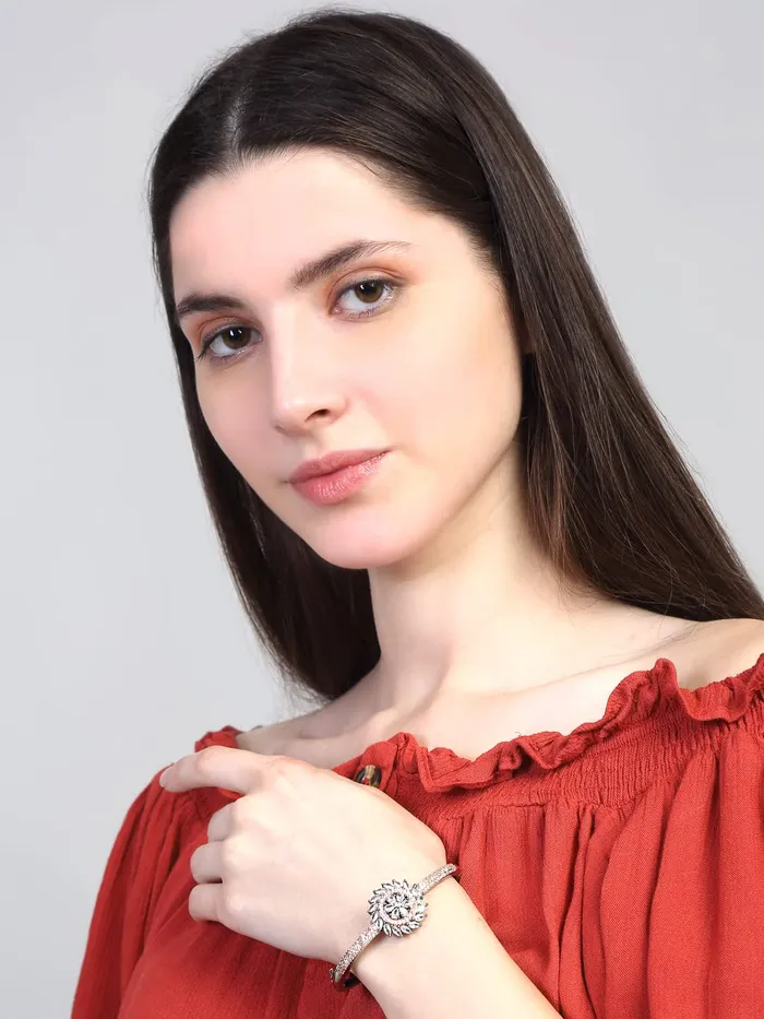 Yellow Chimes AD Bracelet for Women White American Diamond Bangle Bracelet High Grade Authentic AD Jewellery Bangle Style Bracelet for Women and Girls Yellow Chimes Earrings