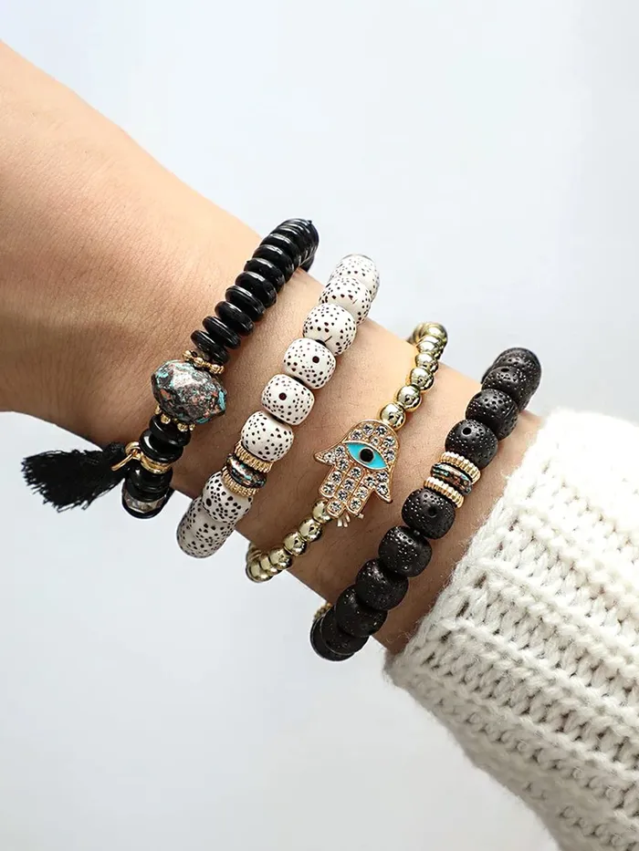 Yellow Chimes Bracelets Yellow Chimes Bracelet for Women and Girls Evil Eye Nazariya Bracelets for Women 4 Pcs Black Beads Layered Bracelet Birthday Gift For girls and women Anniversary Gift for Wife