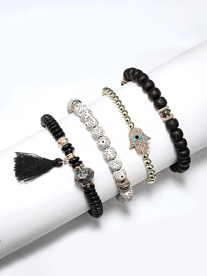 Yellow Chimes Bracelets Yellow Chimes Bracelet for Women and Girls Evil Eye Nazariya Bracelets for Women 4 Pcs Black Beads Layered Bracelet Birthday Gift For girls and women Anniversary Gift for Wife