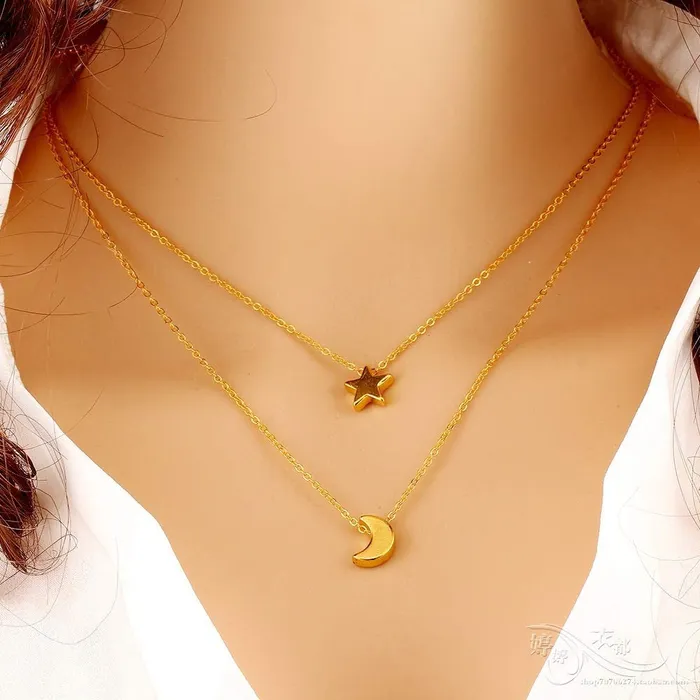 Yellow Chimes Bracelets Yellow Chimes Classic Look Dual Layer Chain with Moon and Star Design Gold Plated Choker Necklace for Women and Girls