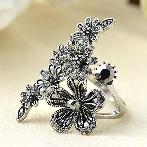 Yellow Chimes Bracelets Yellow Chimes Elegant Oxidized Silver Flower Black Crystal Stone Antique Style Cocktail Ring For Women Girls