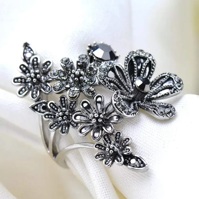 Yellow Chimes Bracelets Yellow Chimes Elegant Oxidized Silver Flower Black Crystal Stone Antique Style Cocktail Ring For Women Girls