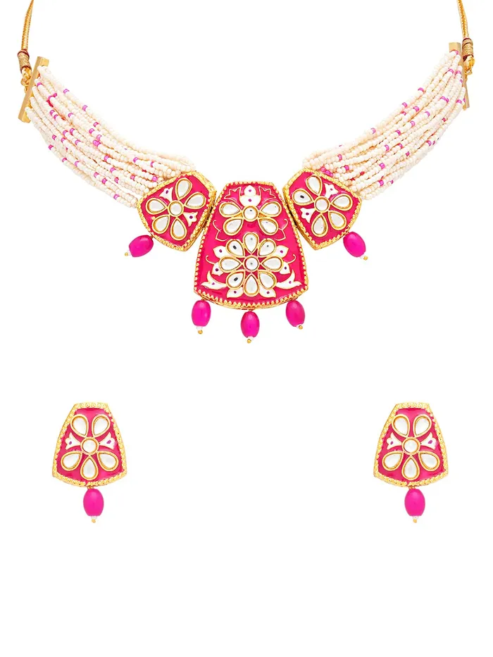 Yellow Chimes Bracelets Yellow Chimes Jewellery Set for Women Gold Toned Kundan and Crystal Studded Pearl Drop with Beads Pink Meeanakari Touch Choker Necklace Set with Earrings for Women and Girls