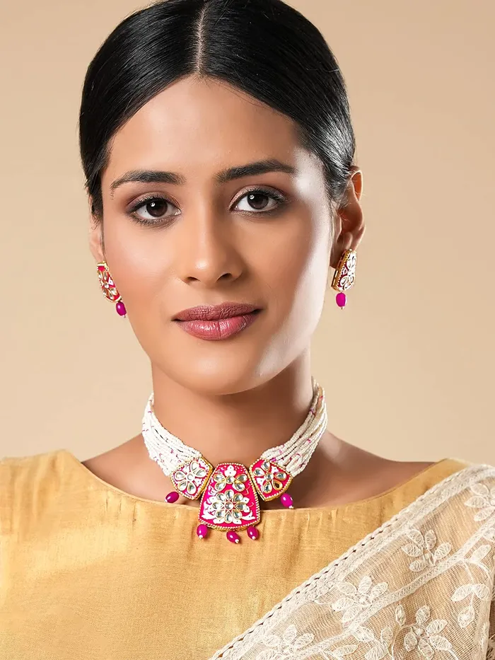 Yellow Chimes Bracelets Yellow Chimes Jewellery Set for Women Gold Toned Kundan and Crystal Studded Pearl Drop with Beads Pink Meeanakari Touch Choker Necklace Set with Earrings for Women and Girls