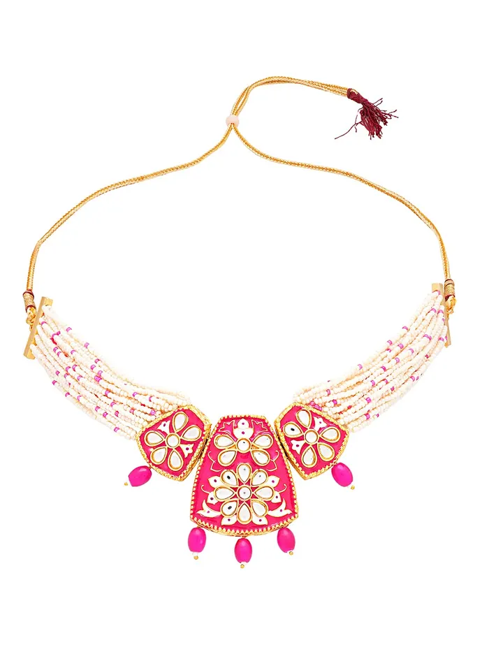 Yellow Chimes Bracelets Yellow Chimes Jewellery Set for Women Gold Toned Kundan and Crystal Studded Pearl Drop with Beads Pink Meeanakari Touch Choker Necklace Set with Earrings for Women and Girls