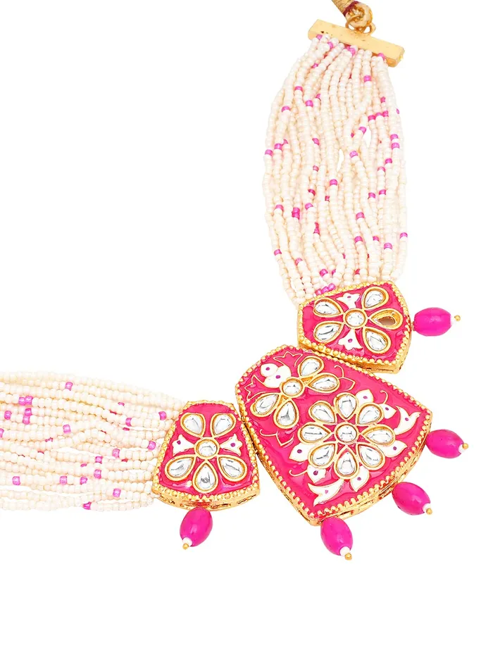 Yellow Chimes Bracelets Yellow Chimes Jewellery Set for Women Gold Toned Kundan and Crystal Studded Pearl Drop with Beads Pink Meeanakari Touch Choker Necklace Set with Earrings for Women and Girls