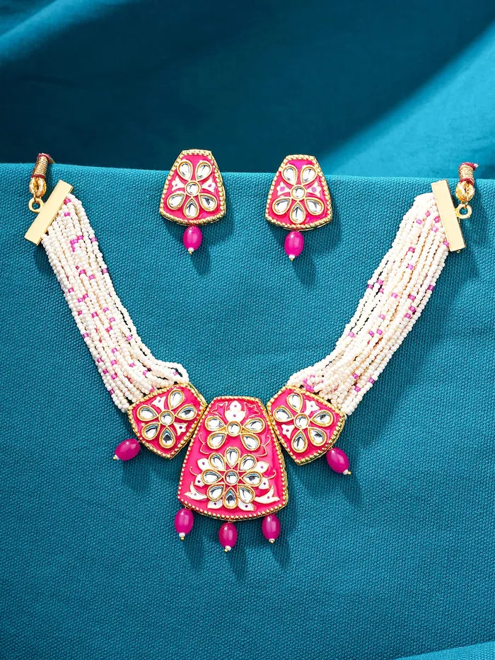 Yellow Chimes Bracelets Yellow Chimes Jewellery Set for Women Gold Toned Kundan and Crystal Studded Pearl Drop with Beads Pink Meeanakari Touch Choker Necklace Set with Earrings for Women and Girls