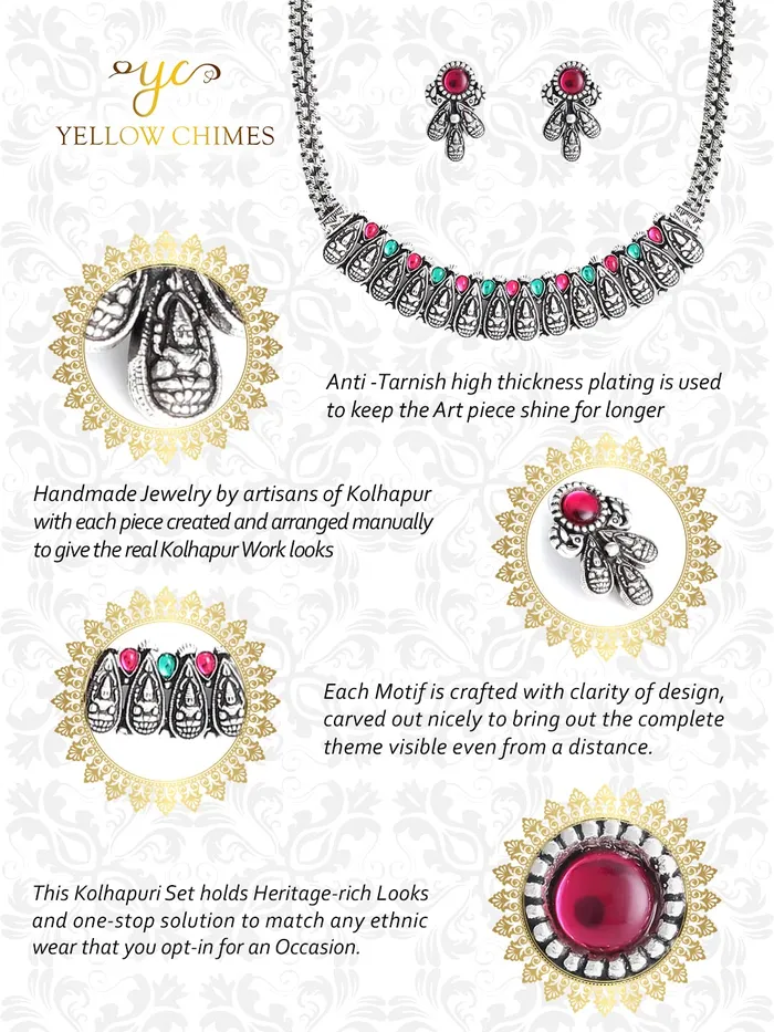 Yellow Chimes Bracelets Yellow Chimes Oxidised Jewellery Set for Women Authentic Kolhapuri Worked Silver Oxidized Choker Necklace Sets for Women and Girls
