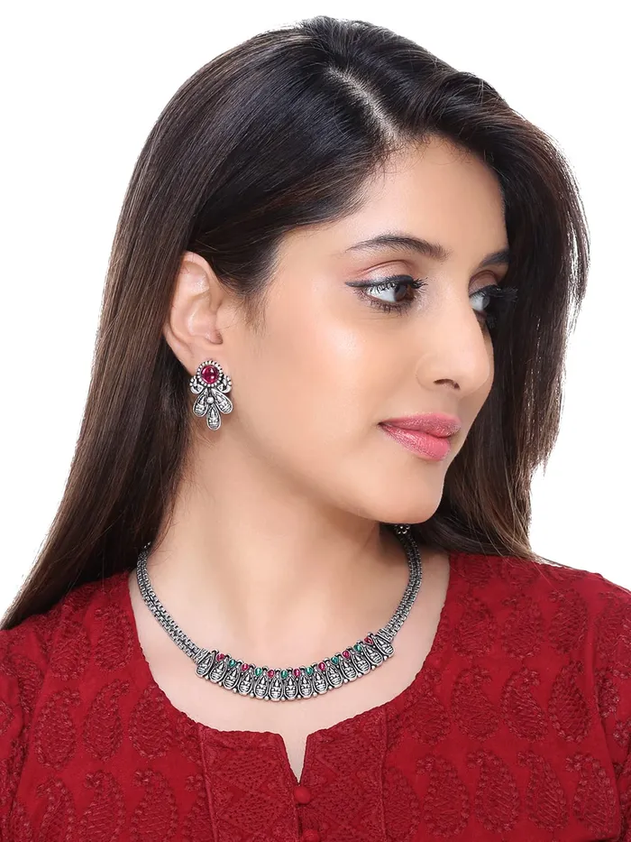 Yellow Chimes Bracelets Yellow Chimes Oxidised Jewellery Set for Women Authentic Kolhapuri Worked Silver Oxidized Choker Necklace Sets for Women and Girls