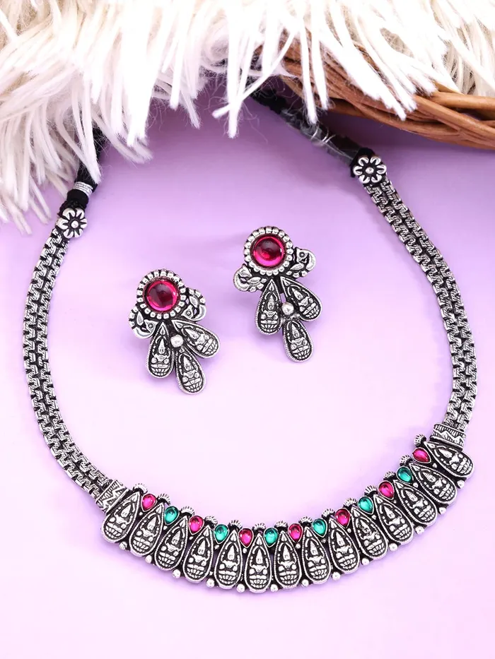 Yellow Chimes Bracelets Yellow Chimes Oxidised Jewellery Set for Women Authentic Kolhapuri Worked Silver Oxidized Choker Necklace Sets for Women and Girls