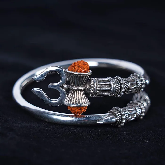 Yellow Chimes Bracelets Yellow Chimes Oxidised Silver Bracelet for Men Silver Oxidized Shiva Trishul Rudraksha Damroo Kada Bracelet Bangle for Men and Boys