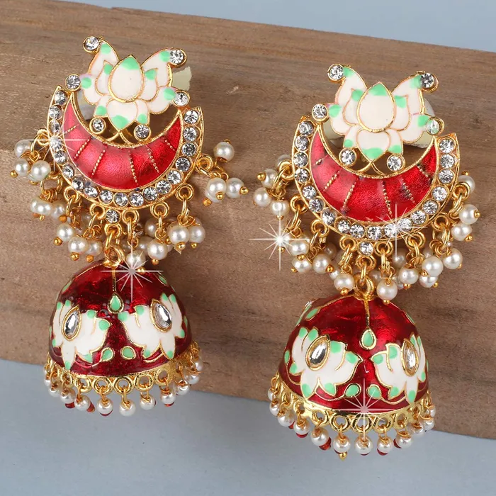 Yellow Chimes Celebrity Choice Meenakari Handcrafted 18k Gold Plated Copper Red Golden Lotus Meenakari Traditional JhumkaJhumki Earrings for Women Yellow Chimes Earrings