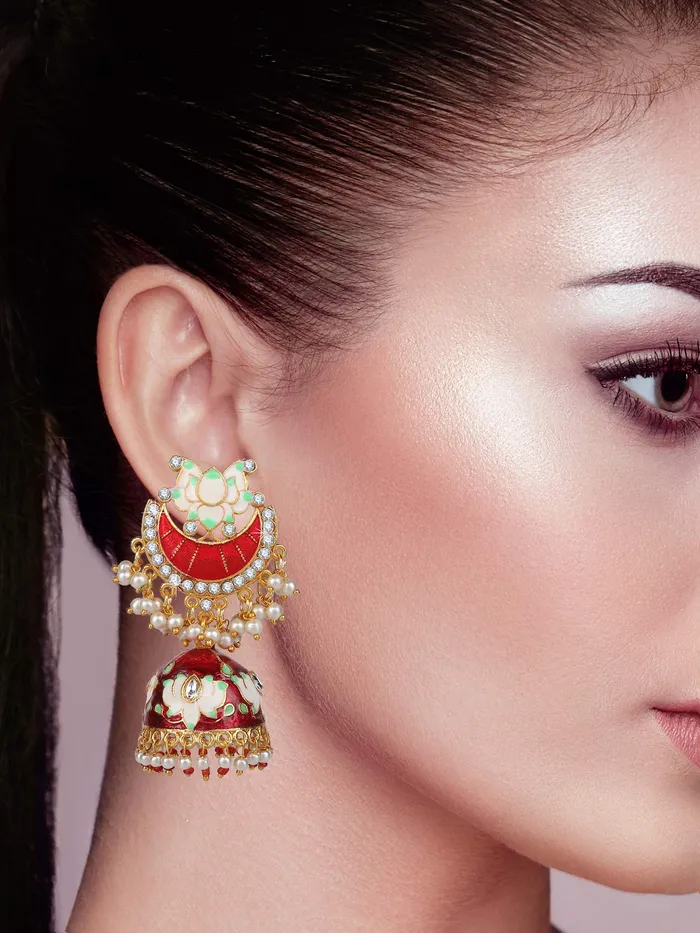 Yellow Chimes Celebrity Choice Meenakari Handcrafted 18k Gold Plated Copper Red Golden Lotus Meenakari Traditional JhumkaJhumki Earrings for Women Yellow Chimes Earrings