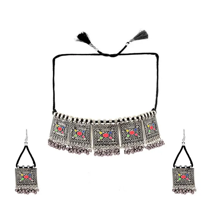 Yellow Chimes Choker Necklace Set for Women Silver Oxidised Afghani Style Ghungroo Threads Choker Necklace Set for Women and Girls Yellow Chimes Necklaces