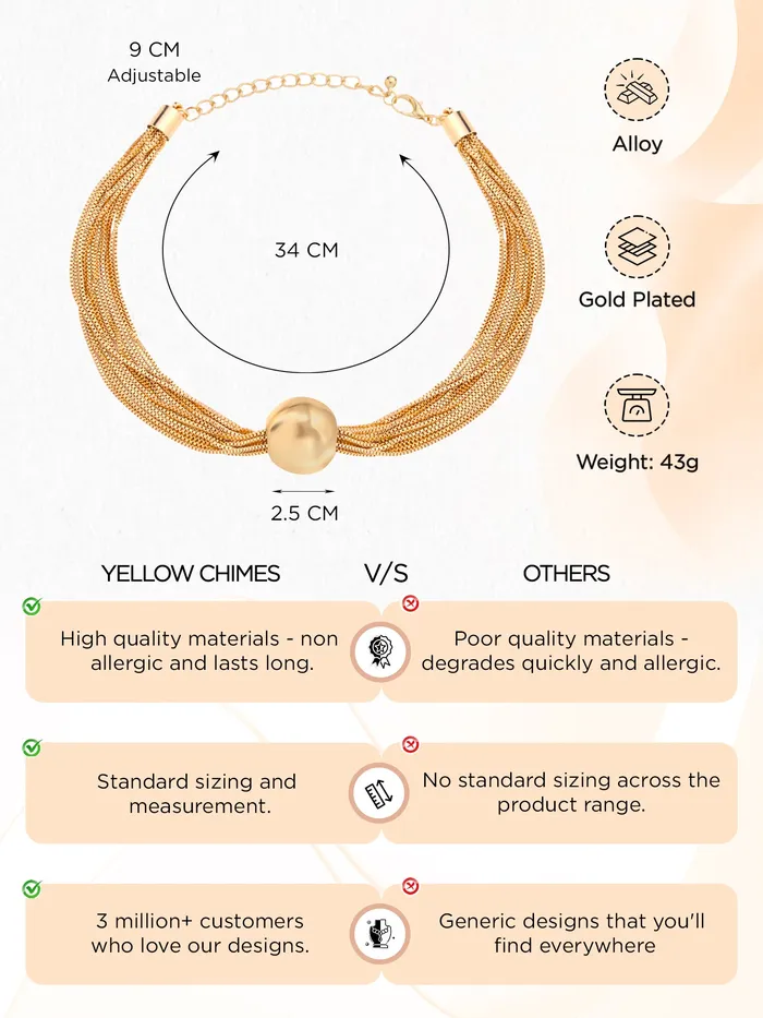 Yellow Chimes Choker Necklace Trendy Gold Plated Multilayered Chain Adjustable Length For Women Necklaces