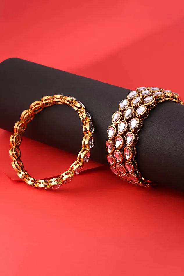Yellow Chimes Classic Design White Kundan Studded 4 PCs Traditional Gold Plated Bangles Set for Women and Girls 28 Yellow Chimes Necklaces