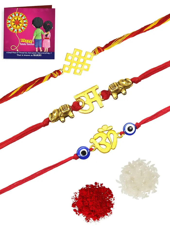 Yellow Chimes Combo of 3 Pcs Handmade Dori Worked Gold Toned OM Initial Letter A and Celtic Design Evil Eye Beads Rakhi for Brother with Roli Chawal Red Gold Medium YCTJRK33BHAYGL Yellow Chimes Necklaces Yellow Chimes Combo of 3 Pcs Handmade Dori Worked Gold Toned OM Initial Letter A and Celtic Design Evil Eye Beads Rakhi for Brother with Roli Chawal Red Gold Medium YCTJRK33BHAYGL Yellow Chimes Necklaces