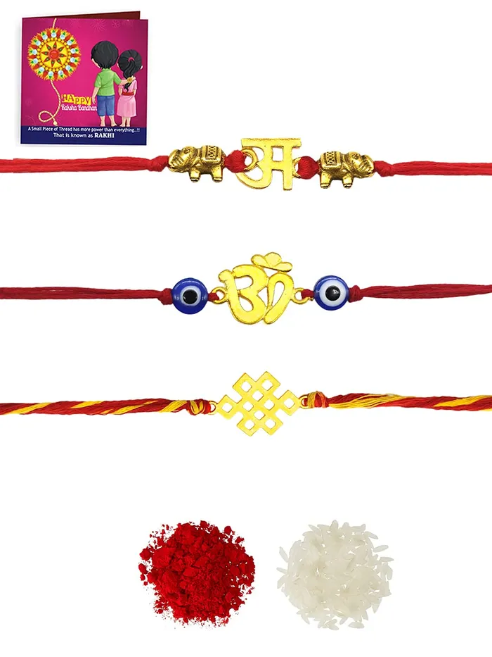 Yellow Chimes Combo of 3 Pcs Handmade Dori Worked Gold Toned OM Initial Letter A and Celtic Design Evil Eye Beads Rakhi for Brother with Roli Chawal Red Gold Medium YCTJRK33BHAYGL Yellow Chimes Necklaces