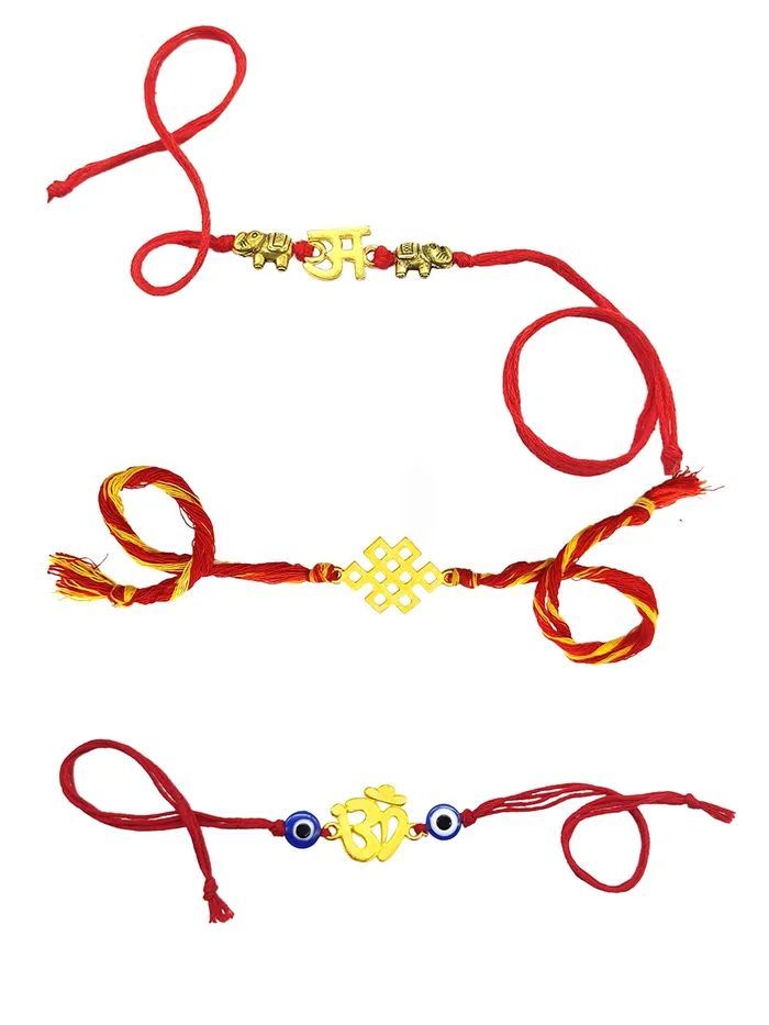 Yellow Chimes Combo of 3 Pcs Handmade Dori Worked Gold Toned OM Initial Letter A and Celtic Design Evil Eye Beads Rakhi for Brother with Roli Chawal Red Gold Medium YCTJRK33BHAYGL Yellow Chimes Necklaces