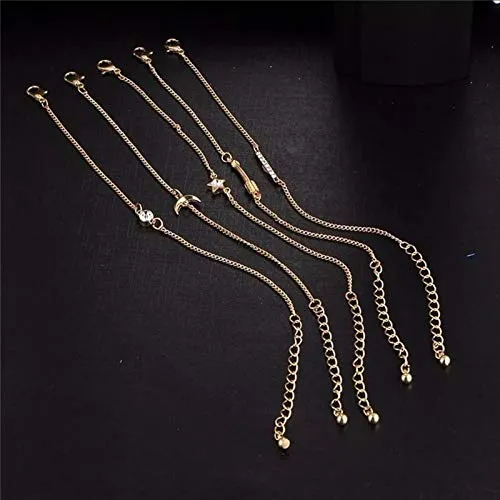 Yellow Chimes Combo of 5 PcsSet Star Moon Arrow and Crystal Chain Gold Plated Charm Bracelet for Women and Girls Yellow Chimes Necklaces