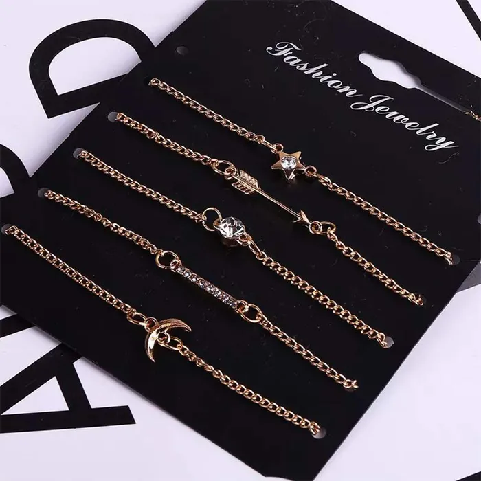 Yellow Chimes Combo of 5 PcsSet Star Moon Arrow and Crystal Chain Gold Plated Charm Bracelet for Women and Girls Yellow Chimes Necklaces