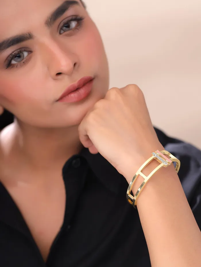 Yellow Chimes Cuff Bracelet Golden Kada with Cubic Zirconia 26 in Fashion Accessories For Women Necklaces
