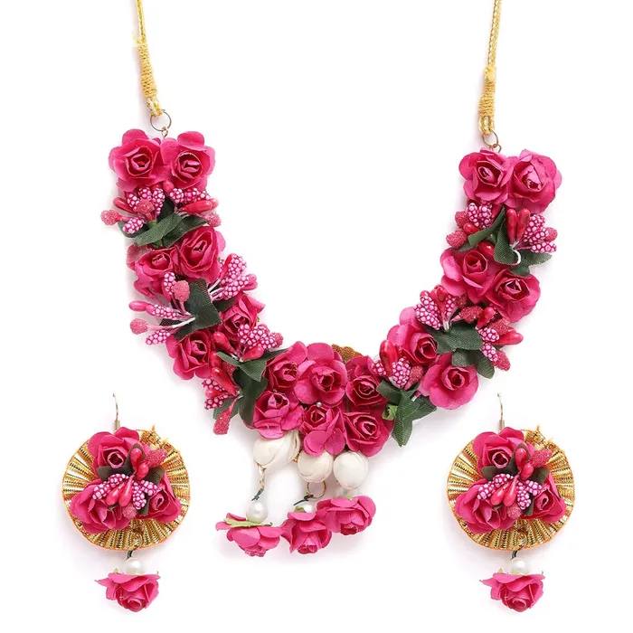 Yellow Chimes Dark Pink Flower Jewellery Set for Haldi Baby Shower Mehandi Godbharai Bahubali Paper Aritificial Jewelley Set for Women and Girls Yellow Chimes Necklaces