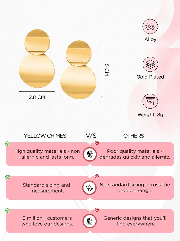 Yellow Chimes Drop Earrings for Women Gold Plated Earrings Geometric Round Dual Circle Drop Earrings For Women and Girls Yellow Chimes Earrings