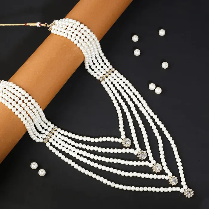 Yellow Chimes Dulahmala For Mens White Beads Pearl Necklace Jewellery for Groom Dulha Moti Mal Haar For Men Sherwani Necklace Yellow Chimes Earrings
