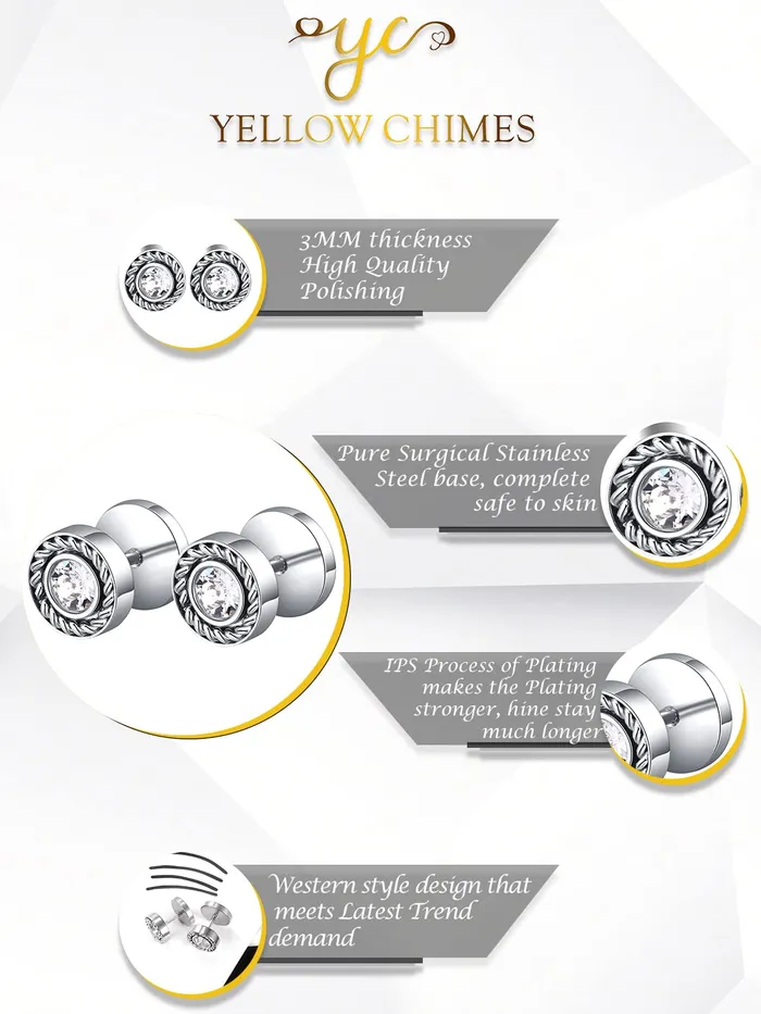 Yellow Chimes Earrings for Men and Boys Fashion Silver Studs for Men Silver Toned Crystal Studs Stainless Steel stud Earrings Birthday Gift for Men and Boys Anniversary Gift for Husband Yellow Chimes Rings