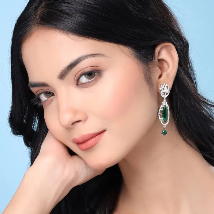 Yellow Chimes Earrings for Women and Girls American Diamond Drop Silver Tone Green AD Stone Drop Earrings Birthday Gift for girls and women Anniversary Gift for Wife Yellow Chimes Earrings