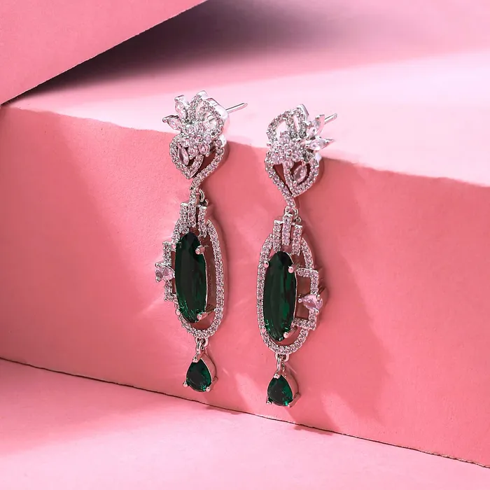 Yellow Chimes Earrings for Women and Girls American Diamond Drop Silver Tone Green AD Stone Drop Earrings Birthday Gift for girls and women Anniversary Gift for Wife Yellow Chimes Earrings