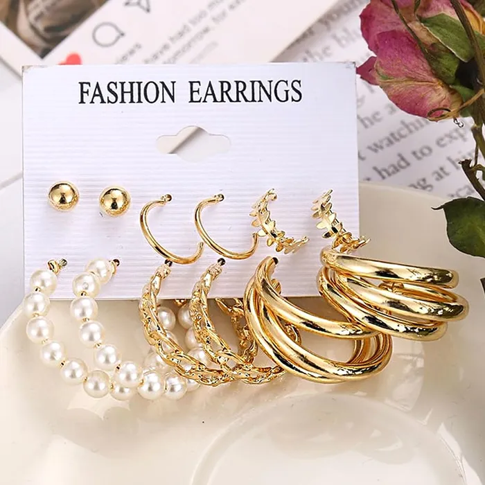 Yellow Chimes Earrings for Women and Girls Fashion White Pearl Hoops Set Gold Plated Combo of 12 Pairs Stud Hoop Earring Set Birthday Gift for girls and women Anniversary Gift for Wife Yellow Chimes Earrings