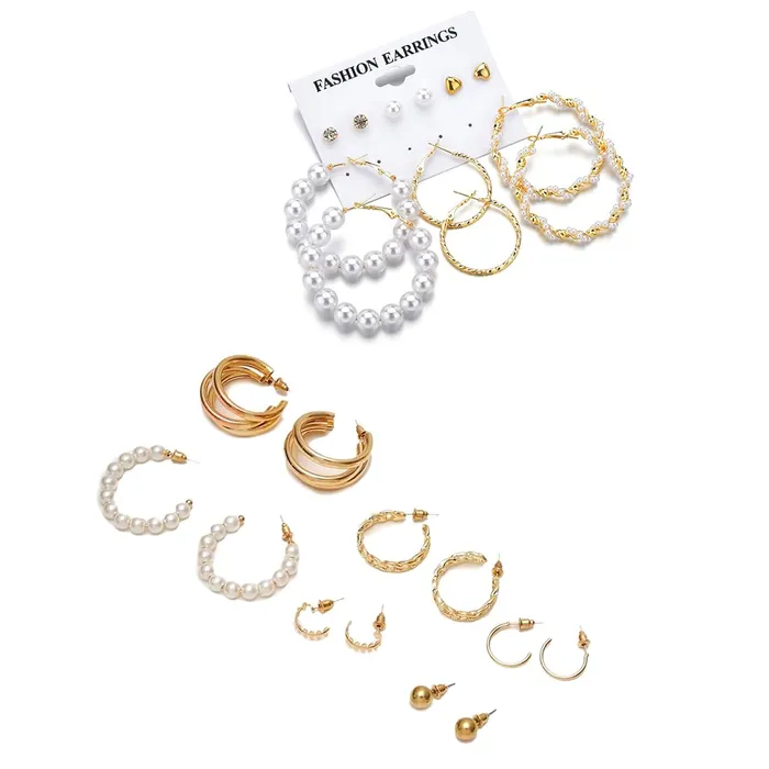 Yellow Chimes Earrings for Women and Girls Fashion White Pearl Hoops Set Gold Plated Combo of 12 Pairs Stud Hoop Earring Set Birthday Gift for girls and women Anniversary Gift for Wife Yellow Chimes Earrings