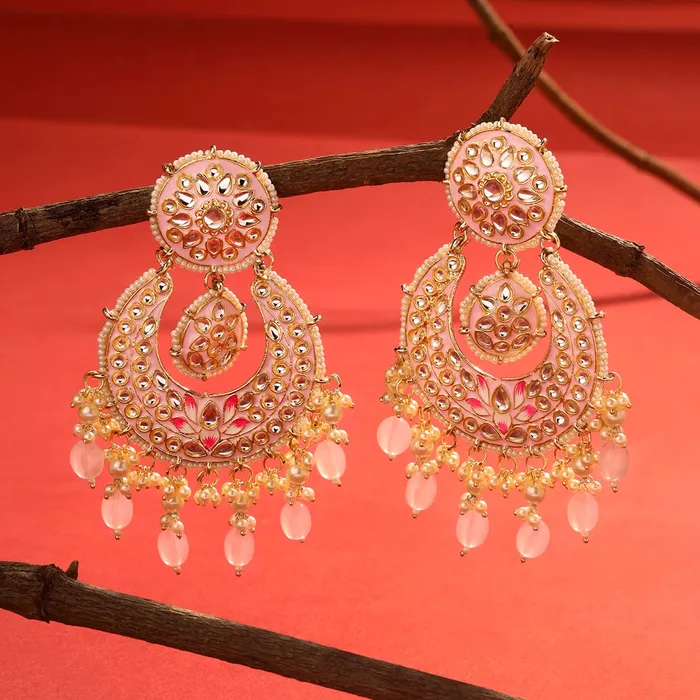 Yellow Chimes Earrings for Women and Girls Traditional Meenakari Chandbali Gold Toned Pink Meenakari Chandbali Earrings Birthday Gift for girls and women Anniversary Gift for Wife Yellow Chimes Earrings