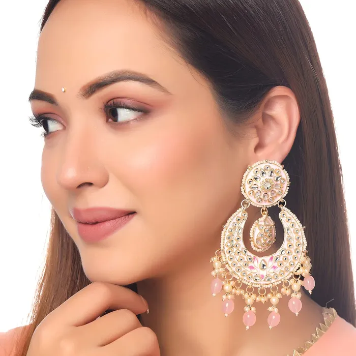 Yellow Chimes Earrings for Women and Girls Traditional Meenakari Chandbali Gold Toned Pink Meenakari Chandbali Earrings Birthday Gift for girls and women Anniversary Gift for Wife Yellow Chimes Earrings