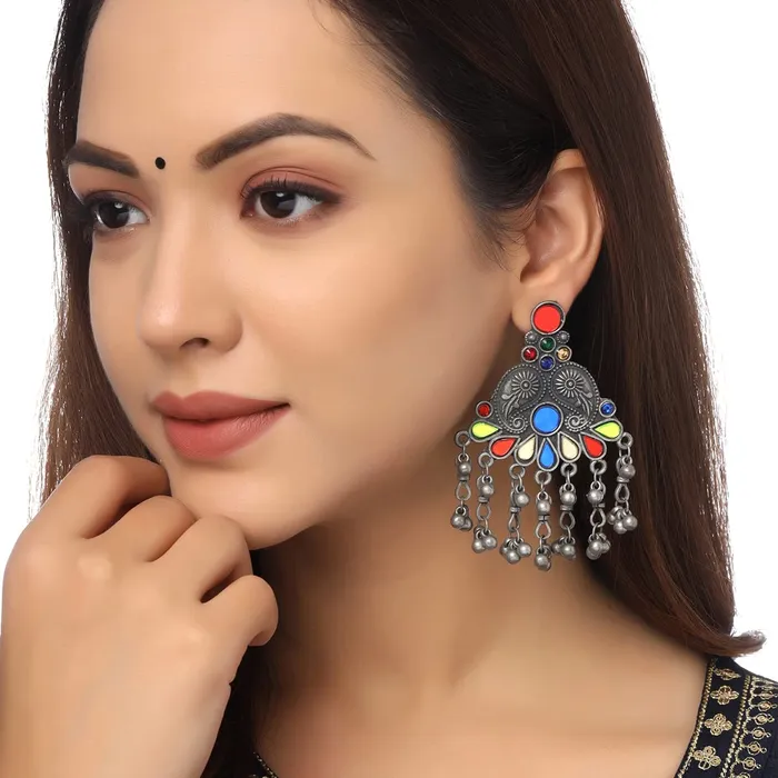 Yellow Chimes Earrings for Women and Girls Traditional Silver Oxidised Danglers German Silver Peacock Designed Dangler EarringsBirthday Gift For girls and women Anniversary Gift for Wife Yellow Chimes Earrings