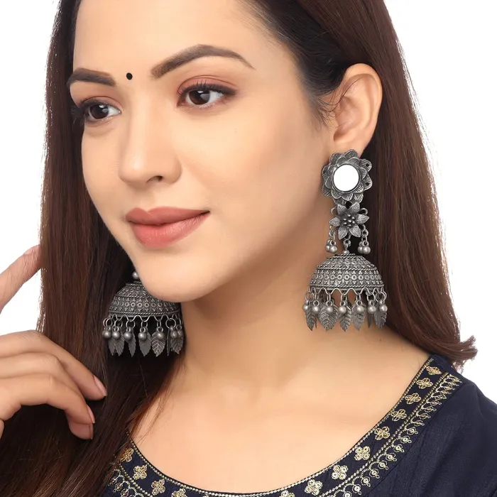 Yellow Chimes Earrings for Women and Girls Traditional Silver Oxidised Jhumka Earrings German Silver Floral Big Jhumki Earrings Birthday Gift For girls and women Anniversary Gift for Wife Yellow Chimes Necklaces