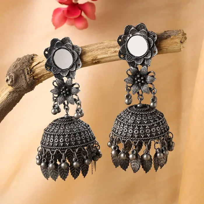 Yellow Chimes Earrings for Women and Girls Traditional Silver Oxidised Jhumka Earrings German Silver Floral Big Jhumki Earrings Birthday Gift For girls and women Anniversary Gift for Wife Yellow Chimes Necklaces