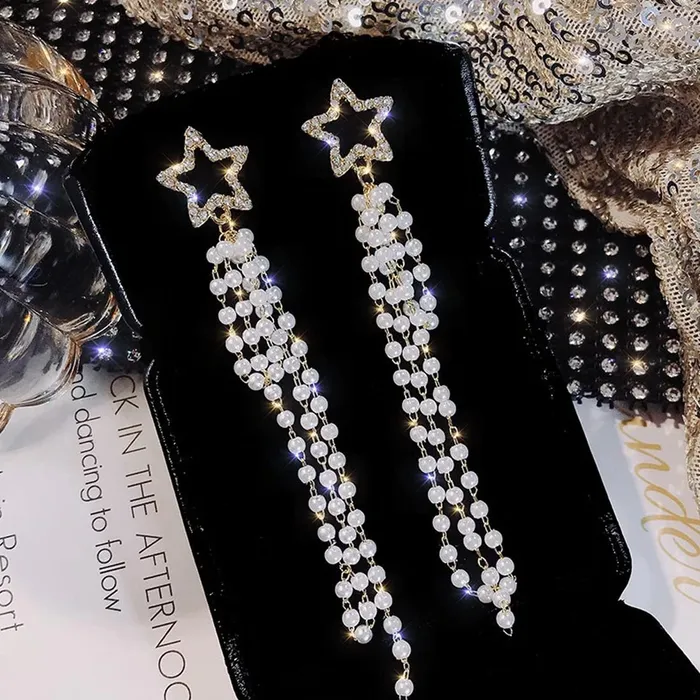 Yellow Chimes Earrings For Women Gold Tone Crystal Star Shape Long Chain Tassel Dangler Earrings For Women and Girls Yellow Chimes Necklaces